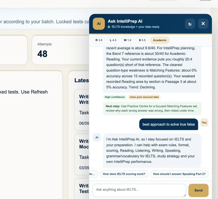 Ask IntelliPrep AI panel using IELTS knowledge and student performance context