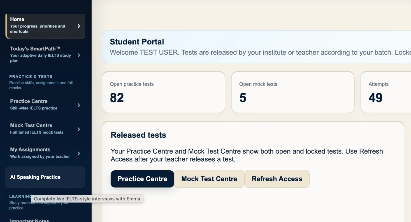IntelliPrep dashboard showing Practice Centre and Mock Test Centre