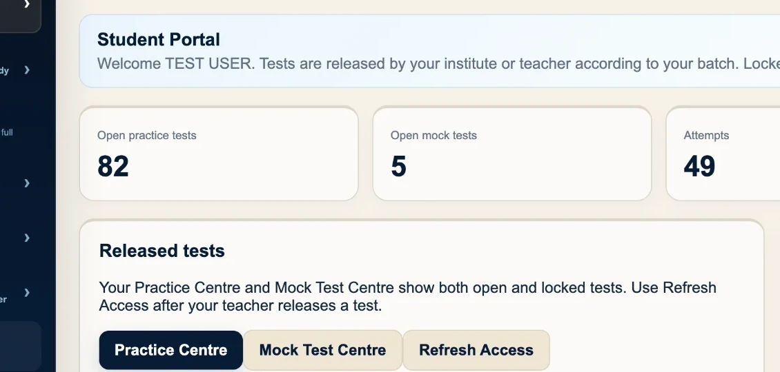 IntelliPrep Student Portal showing Practice Centre and Mock Test Centre
