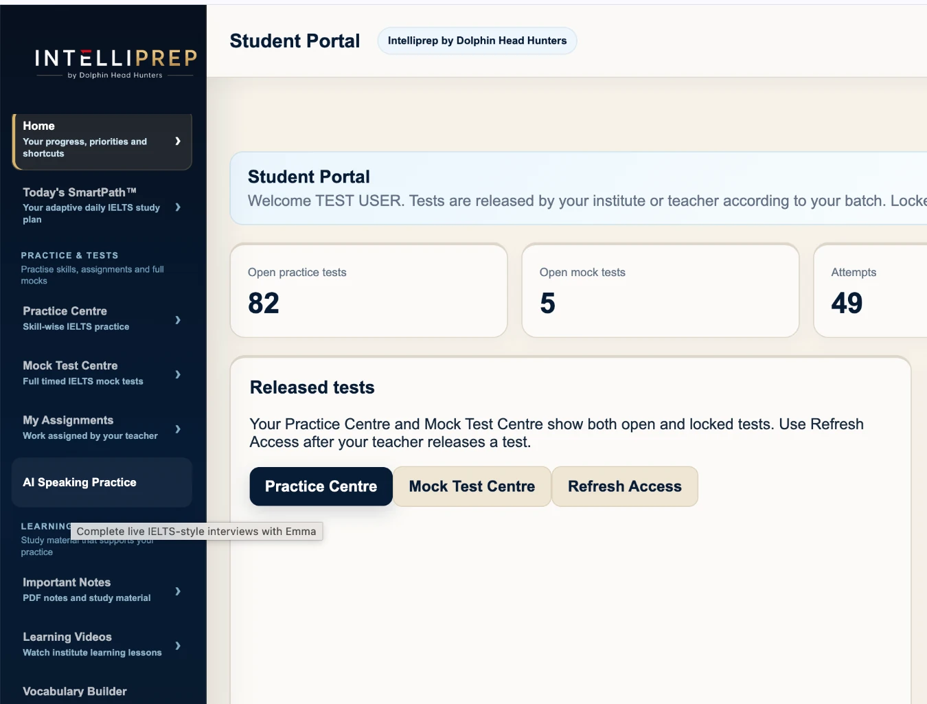 IntelliPrep Student Portal dashboard showing Practice Centre, Mock Test Centre, AI Speaking Practice and feedback