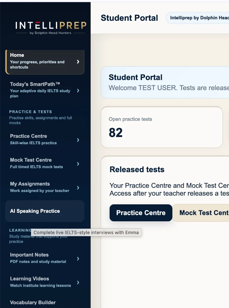 IntelliPrep Student Portal showing Reading practice access and SmartPath navigation